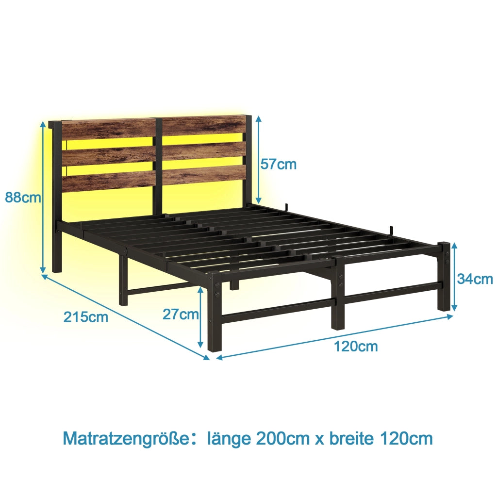 Letto matrimoniale 120x200 cm in metallo e legno con LED RGB, USB e spazio contenitivo
