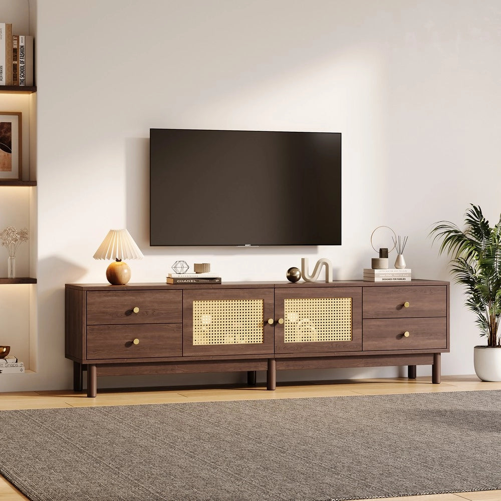 Mobile TV in Legno Scuro con Cassetti e Ante in Rattan ¨C Xylo ¨C 180 cm