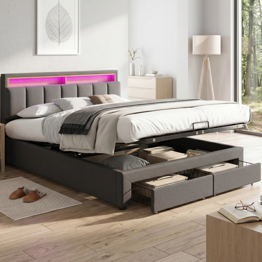 Letto imbottito matrimoniale 180x200 cm con LED; contenitore sotto letto; in lino grigio scuro