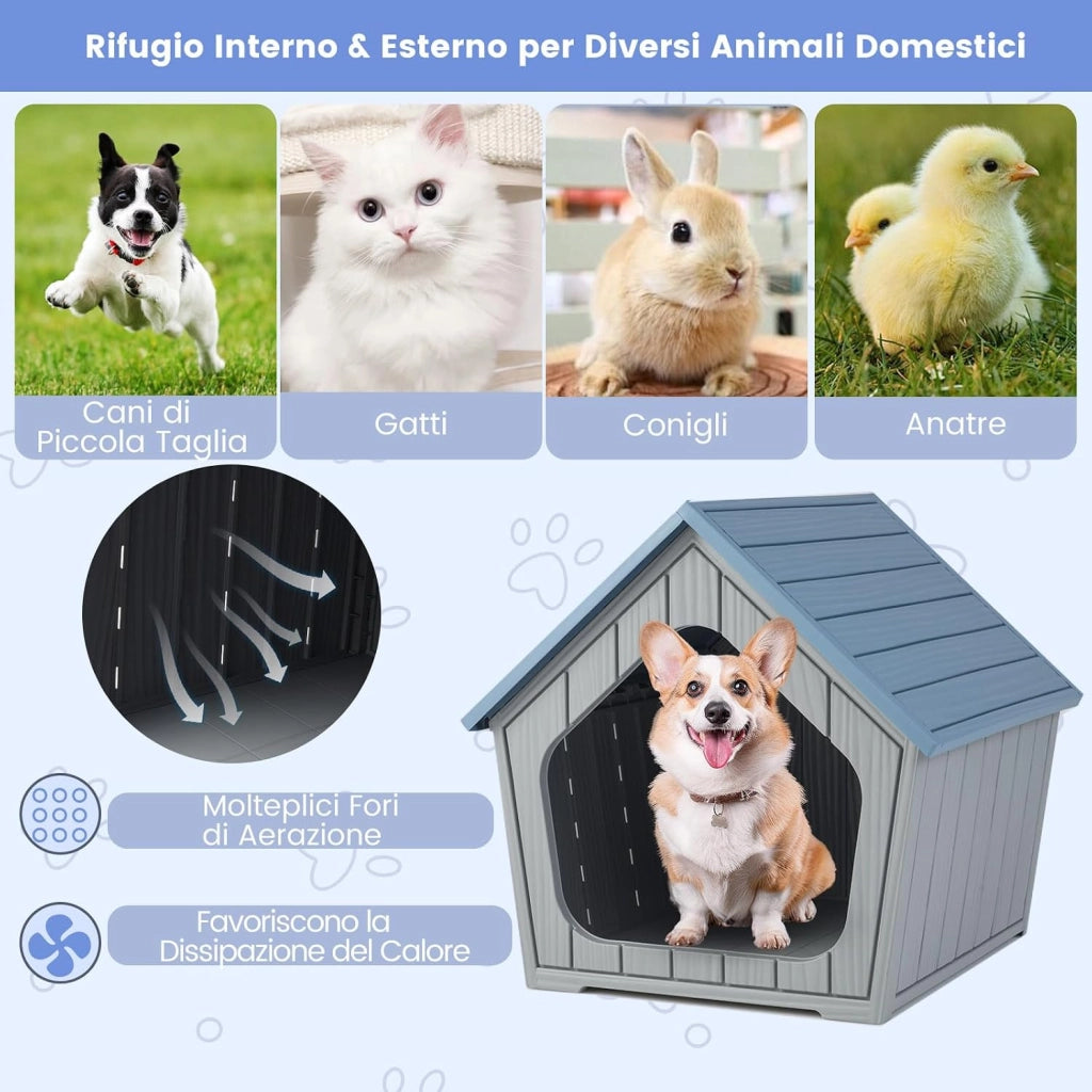 Cuccia per Cani da Interno ed Esterno, Casetta per Gani Impermeabile con Bocchette d'Aria e Tetto Inclinato, Rifugio per Animali Domestici per Cuccioli e Conigli