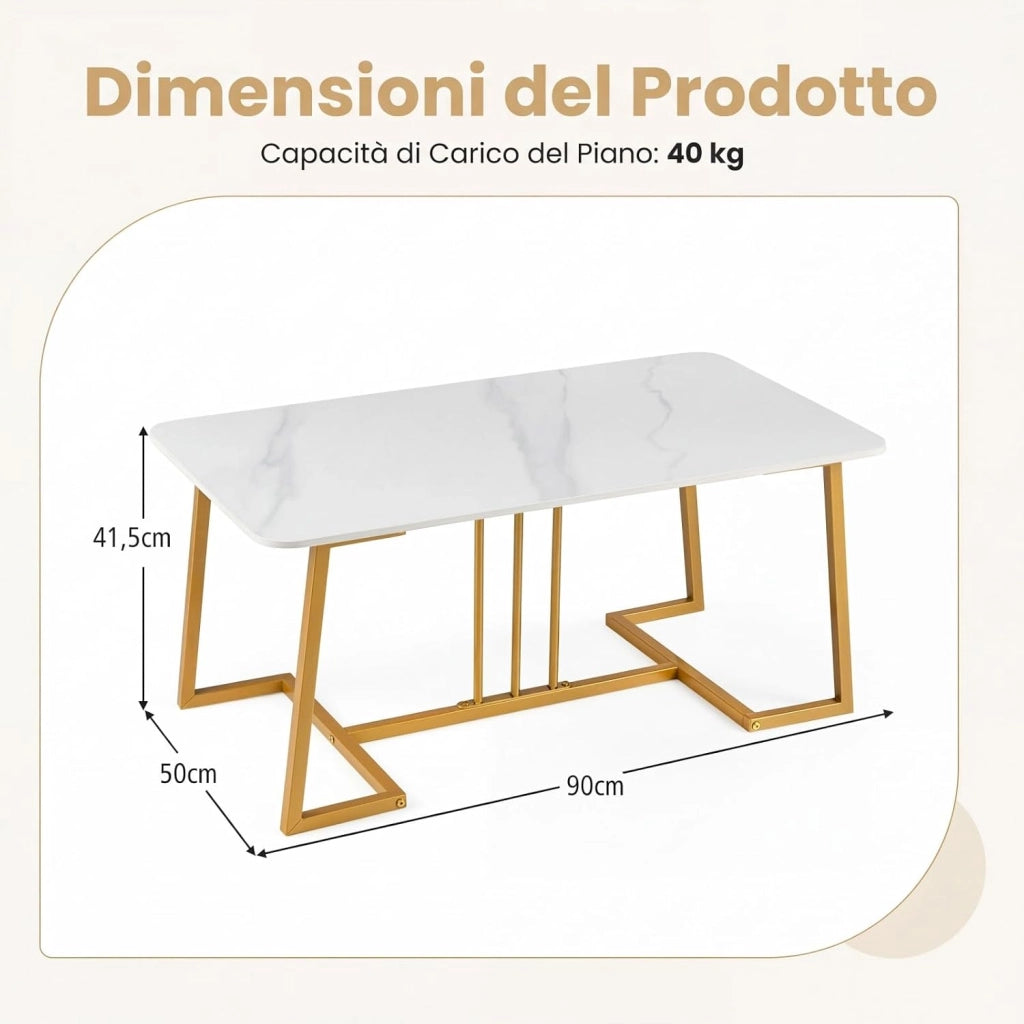 Tavolino da Caffè Rettangolare, Tavolino da Salotto Moderno con Ampio Piano in Effetto di Marmo e Gambe in Metallo Dorato, Perfetto per Soggiorno, Ufficio e Studio, 90 x 50 x 41,5 cm