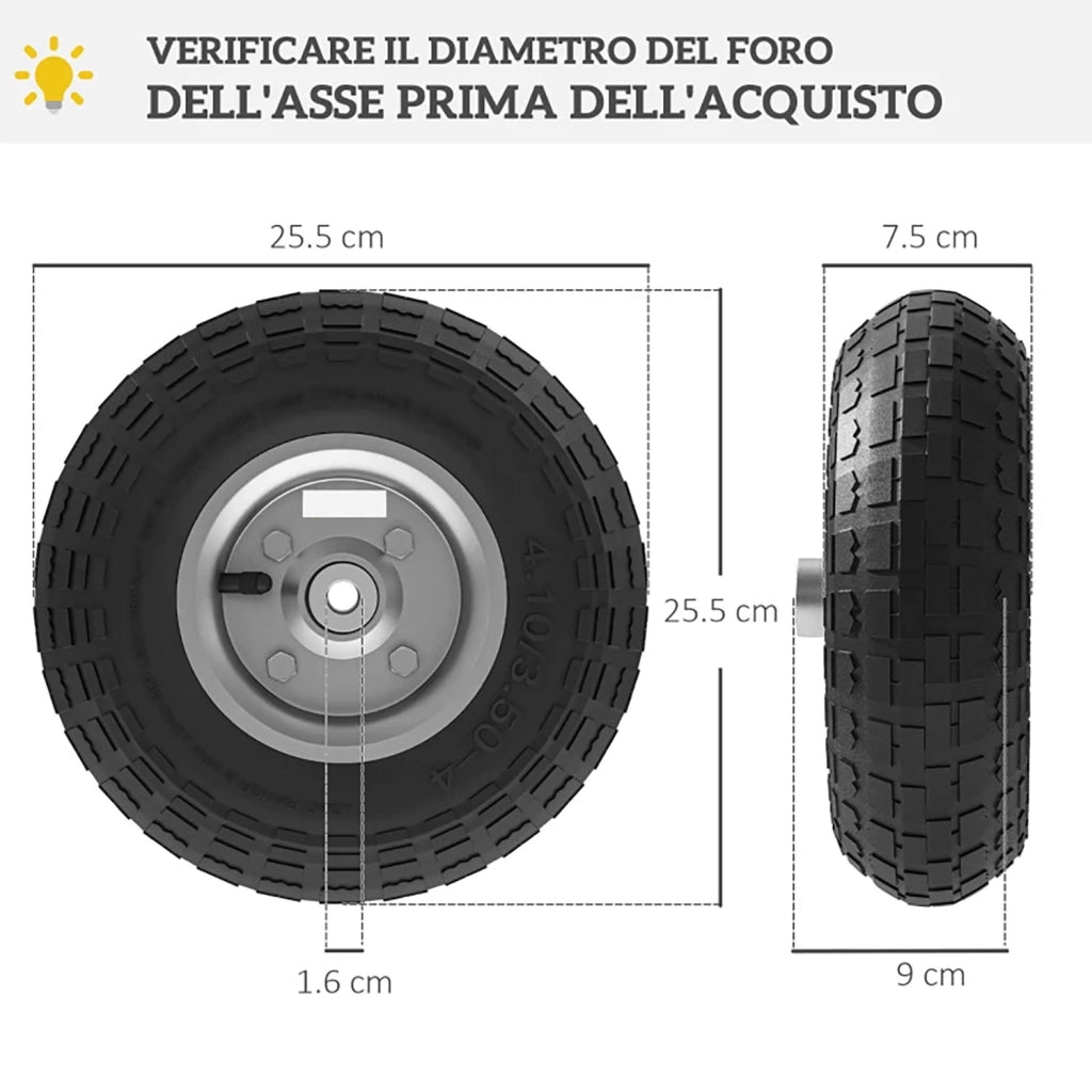 Set 2 Ruote per Carrello Ø25,5x7,5 cm Capacità 80 kg con Scanalature in Gomma e Acciaio Nero