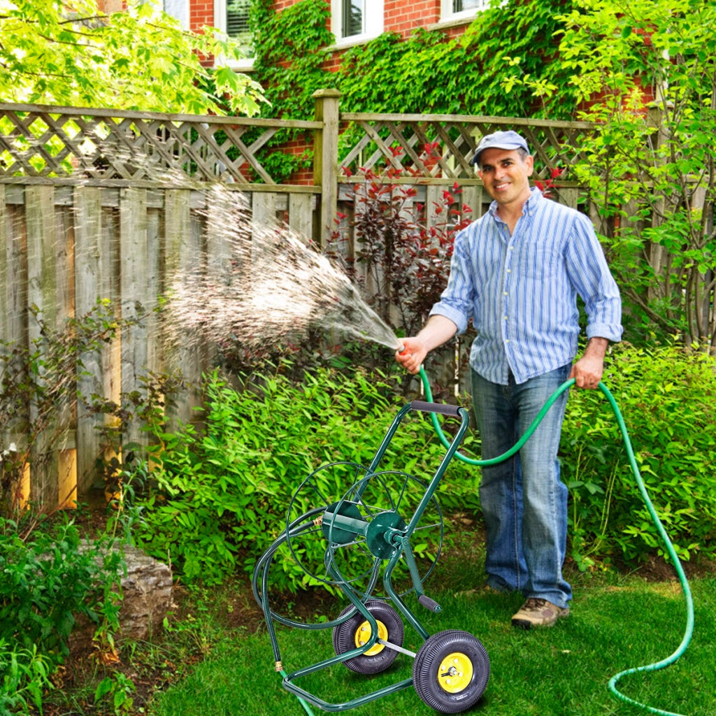 Carrello avvolgitubo da giardino con ruote pneumatiche a 2 assi capacit¨¤ di 61m tubo da 1,9cm, Supporto tubo acqua-Attrezzi da giardino