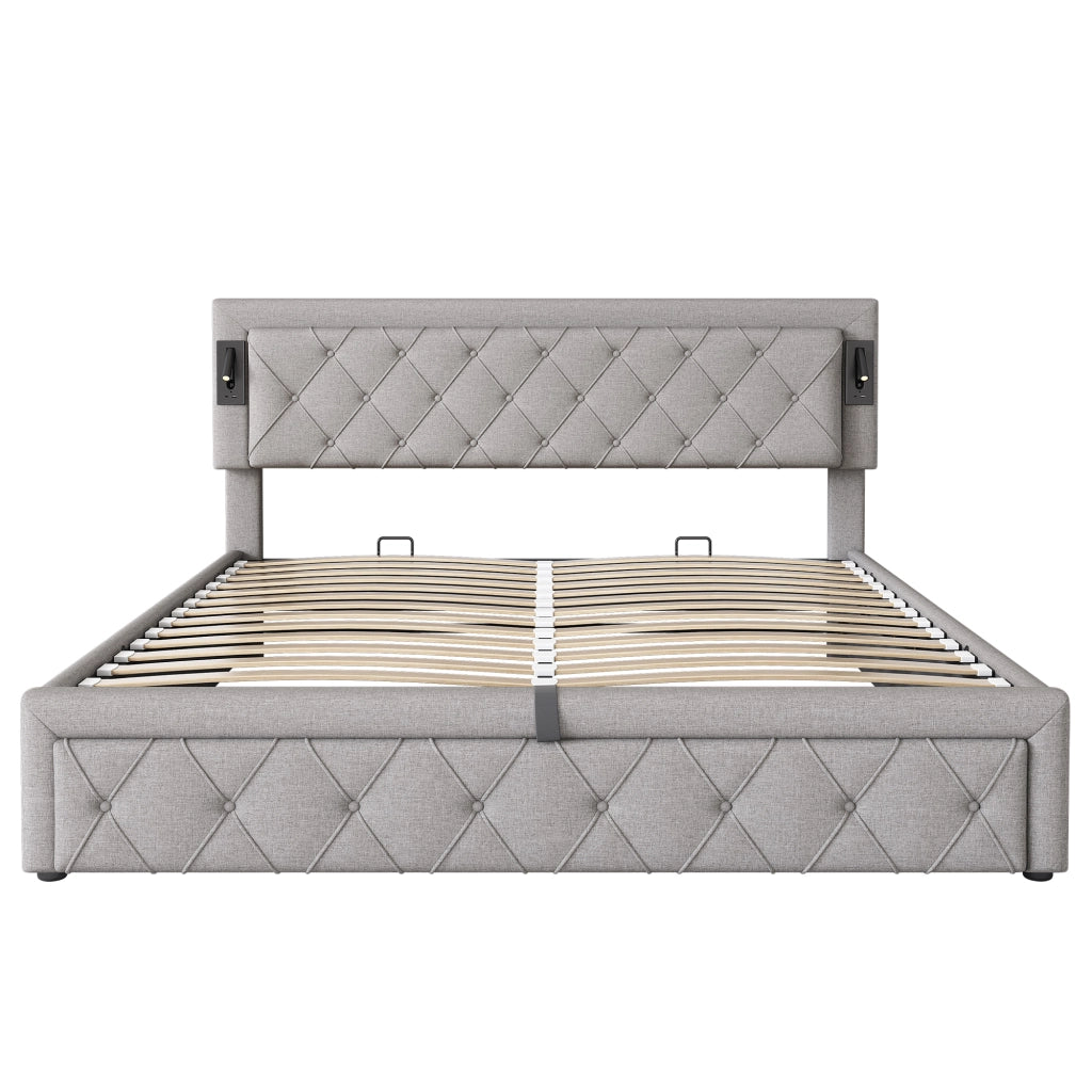 Letto matrimoniale imbottito 180x200 cm con luci laterali, porte USB, rete a doghe e contenitore