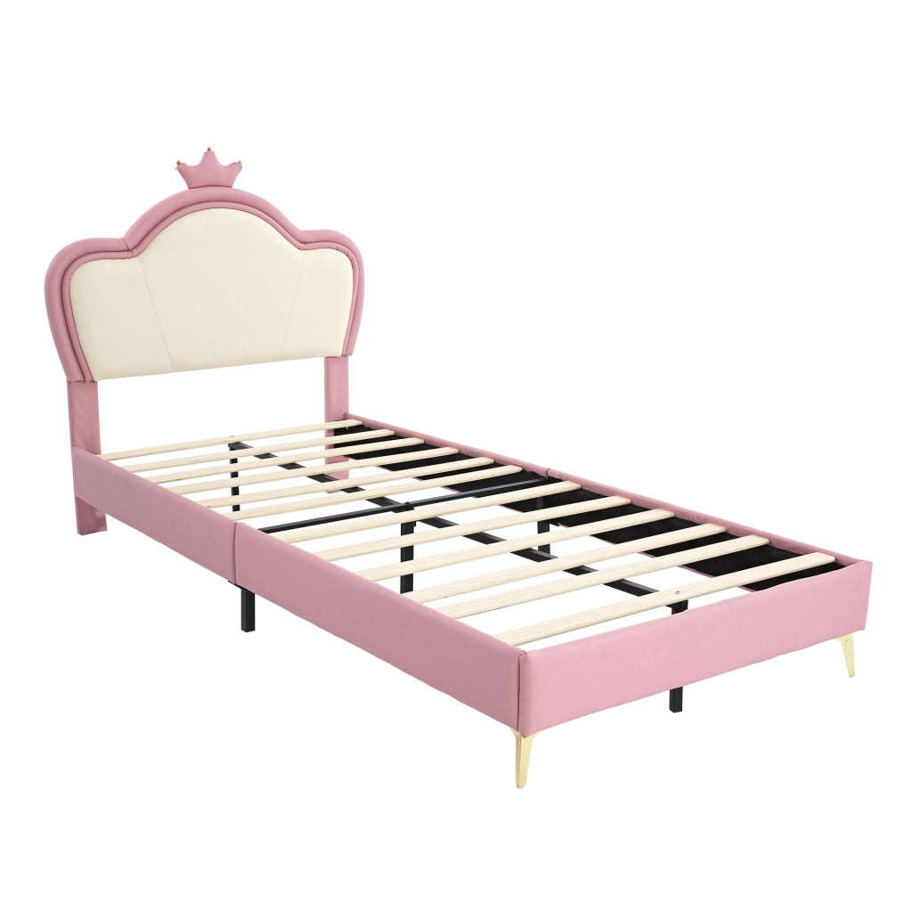 Letto singolo imbottito per bambini con testiera a corona; 90x200 cm; PU rosa e bianco