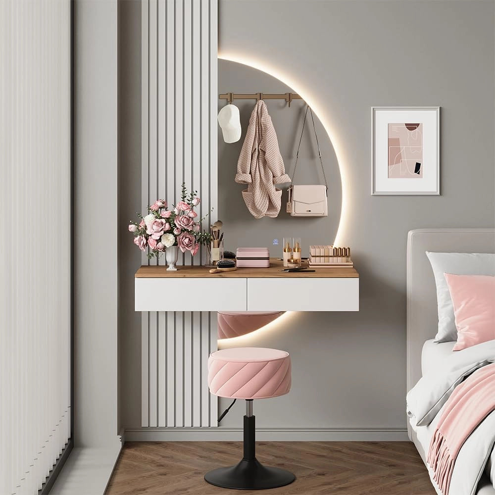 Vicco Tavolo da toeletta Melina, Bianco/quercia, 100 cm con specchio a LED