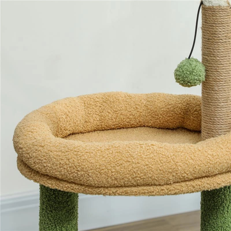 ALBERO TIRAGRAFFI PER GATTI CON CASETTA LETTINO E 2 PALLINE IN LEGNO E POLIESTERE 44X30X98 CM VERDE E MARRONE
