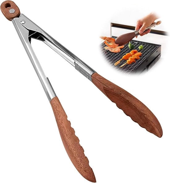 Tang da cucina in legno e acciaio inossidabile 30 cm - Resistente al calore e antibatterico - Ideale per cucinare e grigliare - Legno di olivo - Alta resistenza a temperature elevate