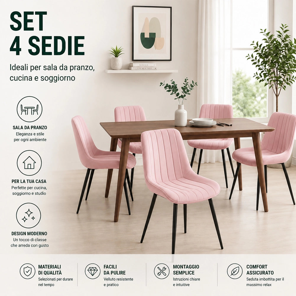 Set 4 Sedie da Pranzo Rosa in Velluto Seduta Ergonomica e Struttura in Acciaio