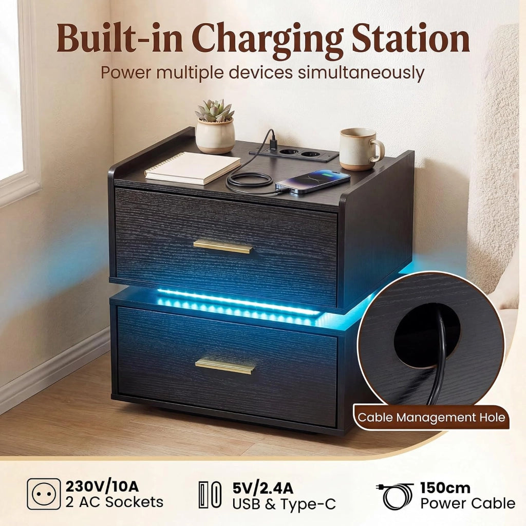 Comodino con stazione di ricarica, comodino con illuminazione a LED e telecomando, 2 cassetti, per soggiorno, camera da letto, ufficio, 45 x 40 x 48 cm (nero)