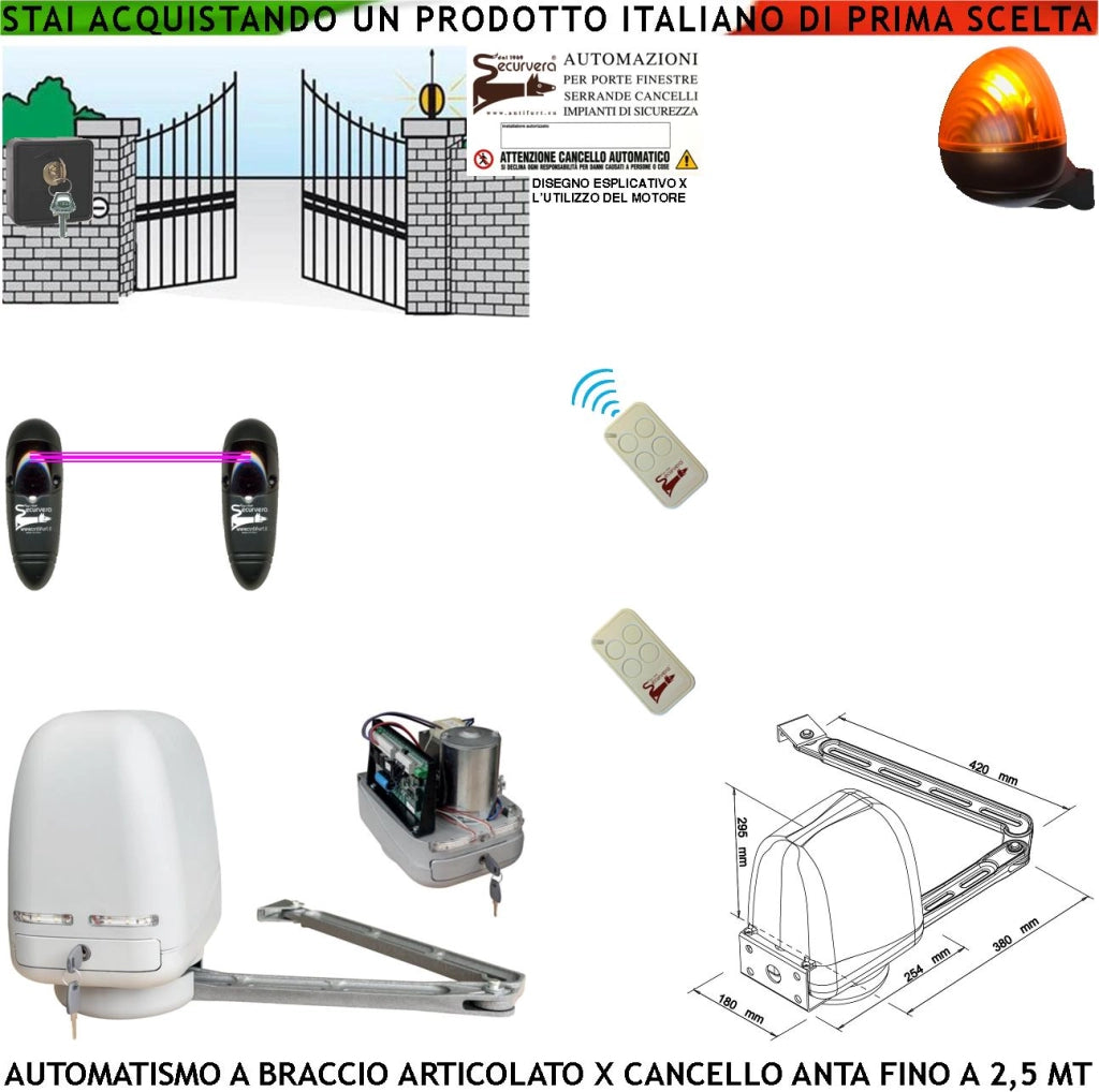 AUTOMATISMO CANCELLO KIT MOTORE A BRACCIO ARTICOLATO 220/24 V ANTA BATTENTE DA 0,5 A 2,5 MT CENTRALE RADIOCOMANDI FARO SELETTORE FOTOCELLULE