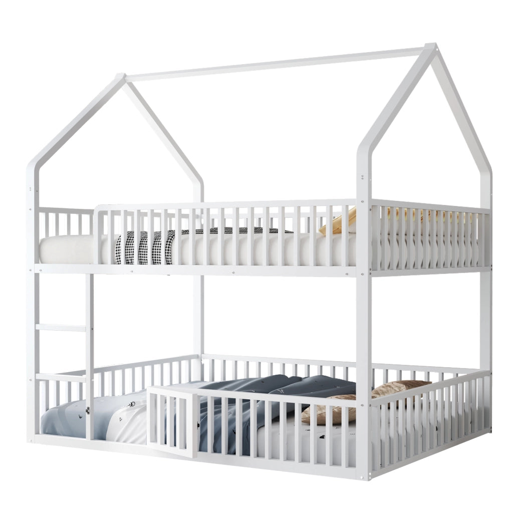 Letto a Castello 140x200 cm; con Scala; Sponda di Sicurezza; Porticina; in Metallo; Bianco