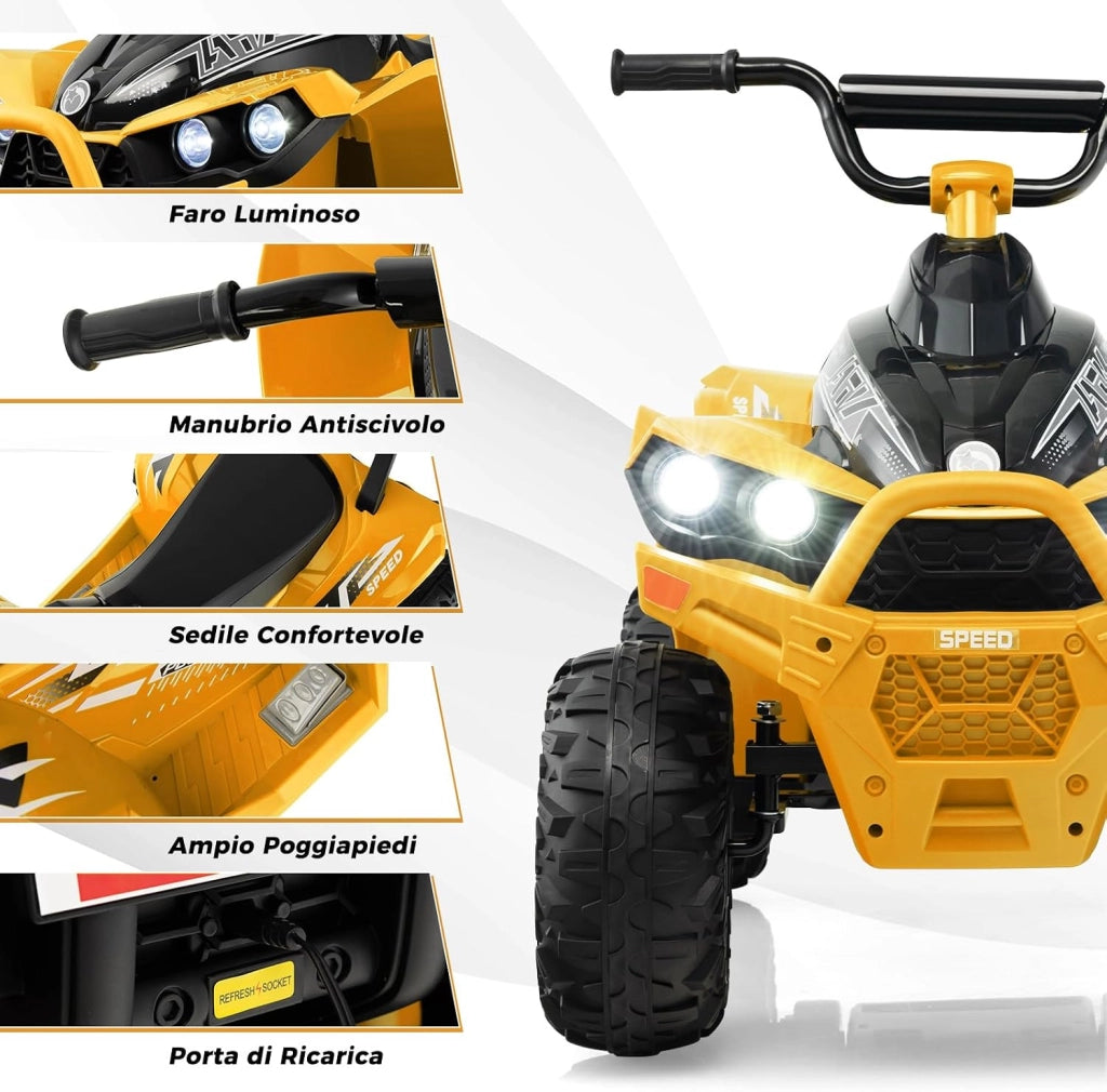 12V Quad Elettrico per Bambini, Macchina Elettrica con Velocità Alta/Bassa, Sedile Comodo Fari Corno e Musica, Auto Elettrica Cavalcabile 2,2/4,3 km/h (Giallo)