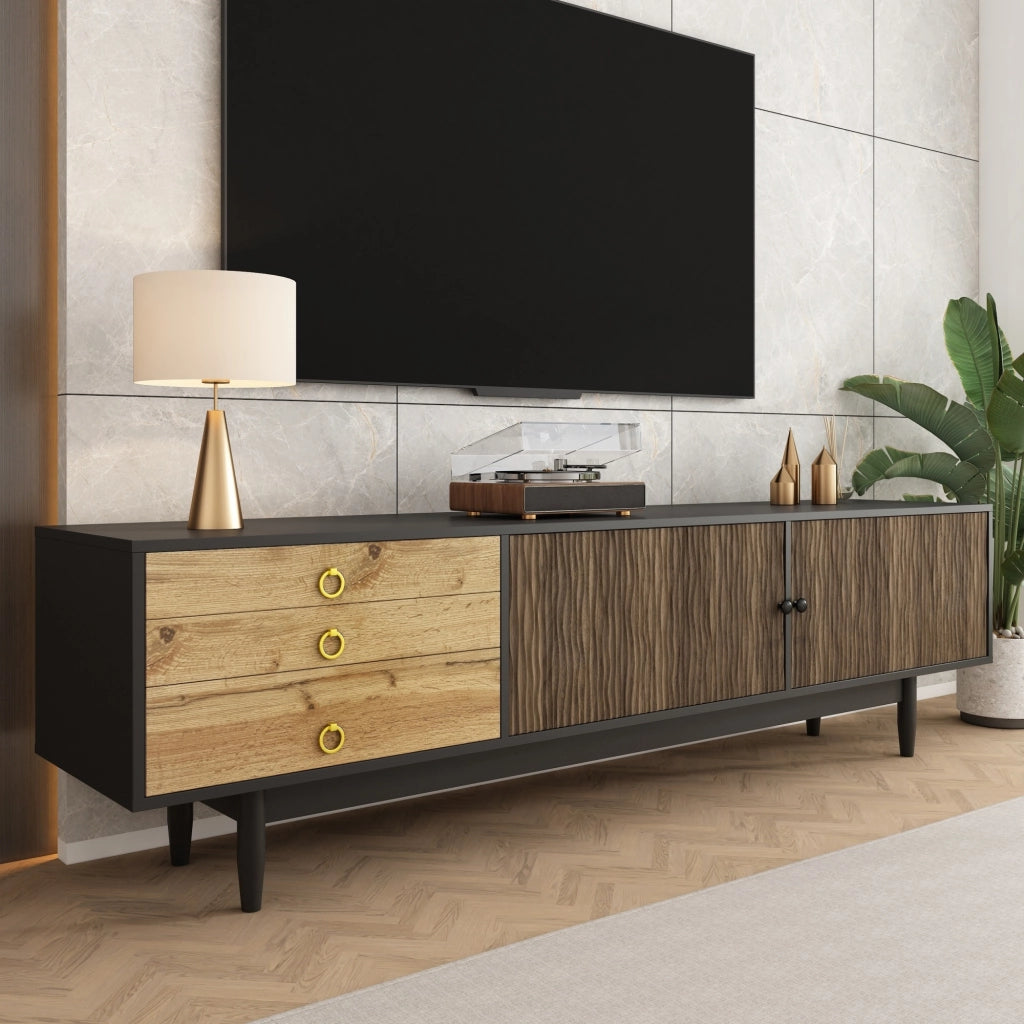 Mobile TV con 2 Ante e 3 Cassetti; Frontali a Motivo Onde; Piedi in Legno Massello; 180??38??50 cm; Nero + Naturale