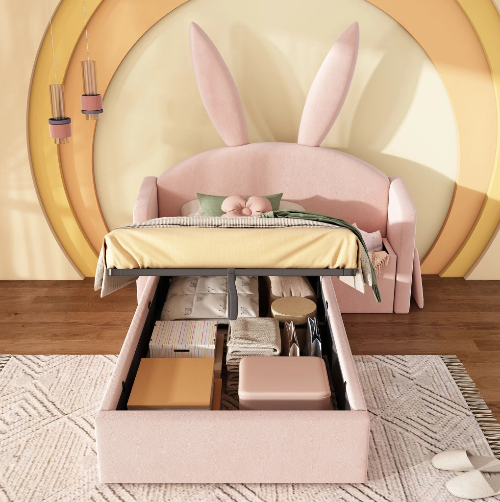 Letto singolo 90x190 cm imbottito rosa con contenitore; comodino integrato e testiera con orecchie