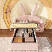 Letto singolo 90x190 cm imbottito rosa con contenitore; comodino integrato e testiera con orecchie