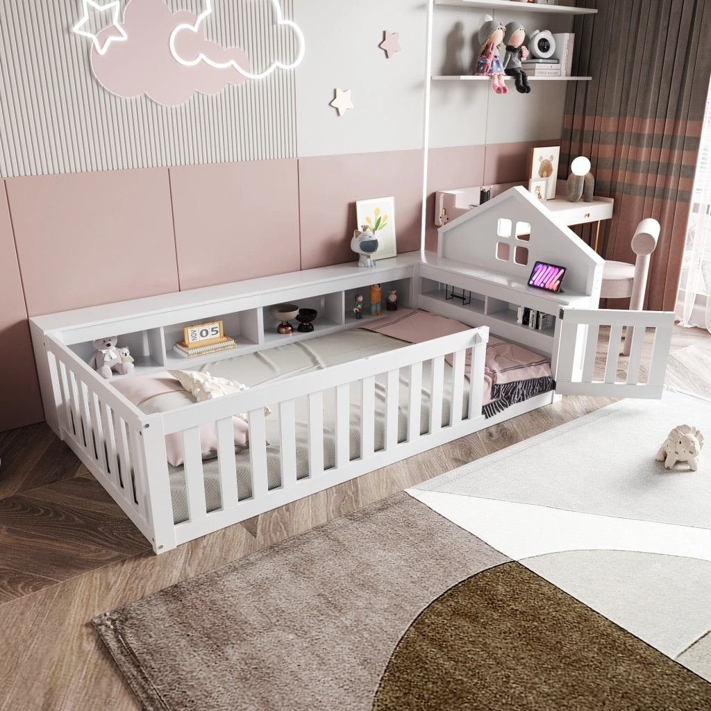 OKWISH Letto Bambino 90×200 cm, Letto Singolo con Contenitori, Spondine di Sicurezza e Porticina, senza Materasso, in Legno, Bianco