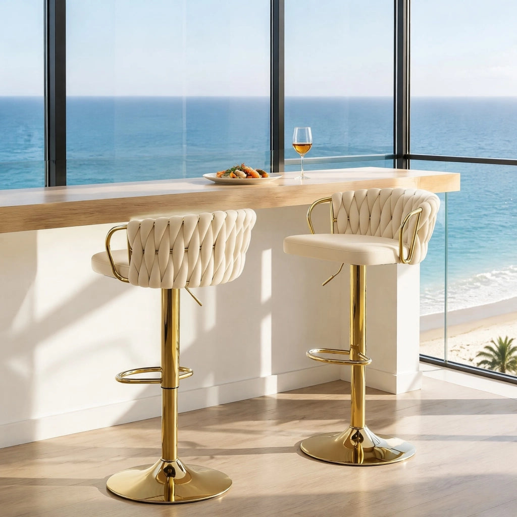 Set 2 sgabelli da bar girevoli in velluto crema bianco con altezza regolabile e braccioli