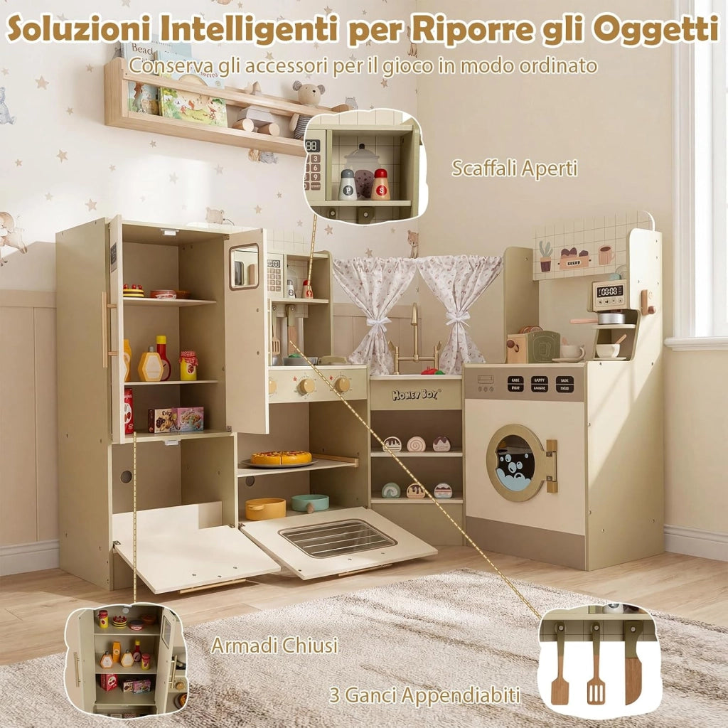 Cucina Giocattolo d'Angolo per Bambini, Cucina Gioco in Legno con Forno, Tostapane, Macchina del Caffè, Frigorifero e 21 Accessori, Gioco Educativo per Bambini 3+ Anni, 146,5 x 54 x 85,5 cm