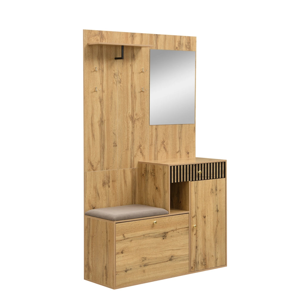 Mobile Ingresso con Specchio; 2 Ante; 1 Cassetto e Seduta Imbottita; Ripiani Regolabili; in MDF; Nero e Legno; 110??37??185;5 cm
