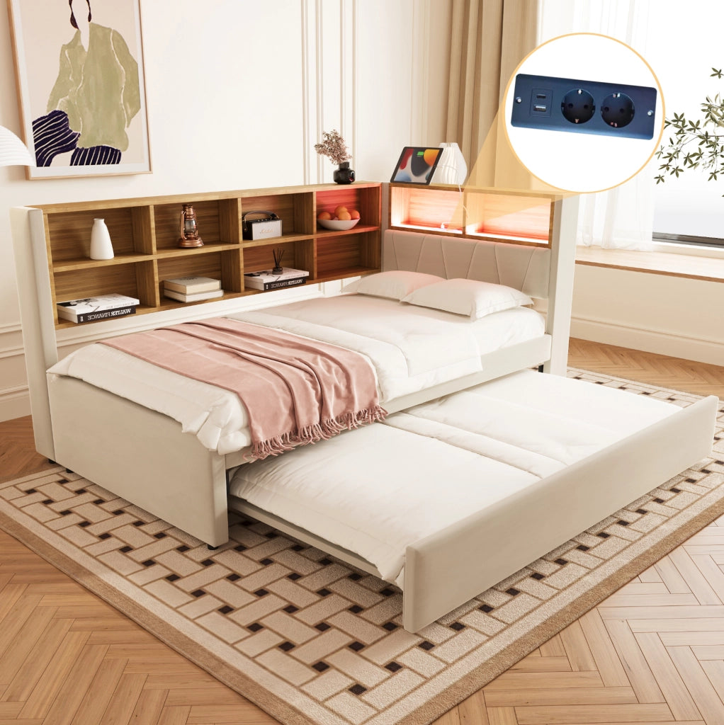 Divano letto multifunzione con letto estraibile, LED, prese e ampio spazio contenitivo