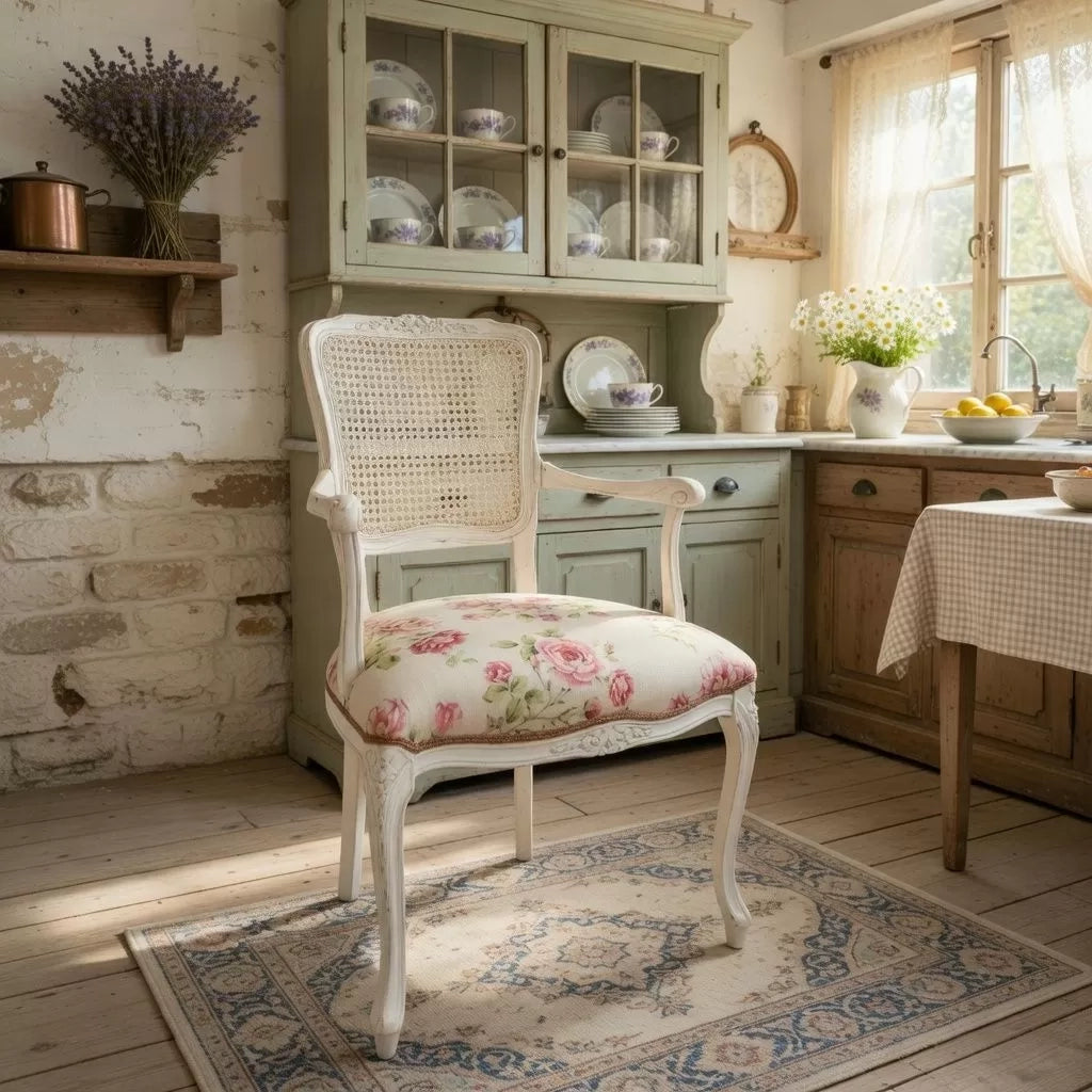 Poltrona parigina imbottita tessuto legno shabby bianco 55x45x85 - Mobili 2G