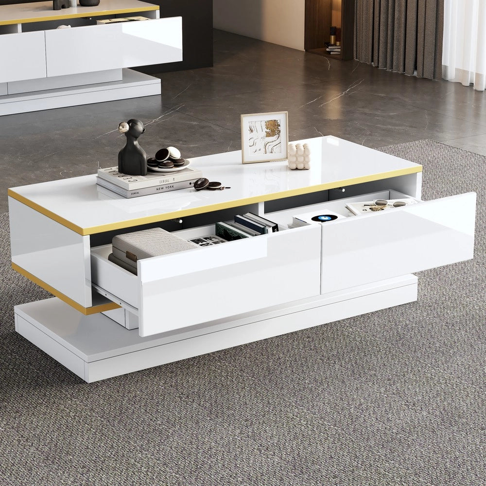 Tavolino da Caff¨¨ con 2 Cassetti ¨C MINIMAL ¨C Bianco Lucido e Oro 100x50x38
