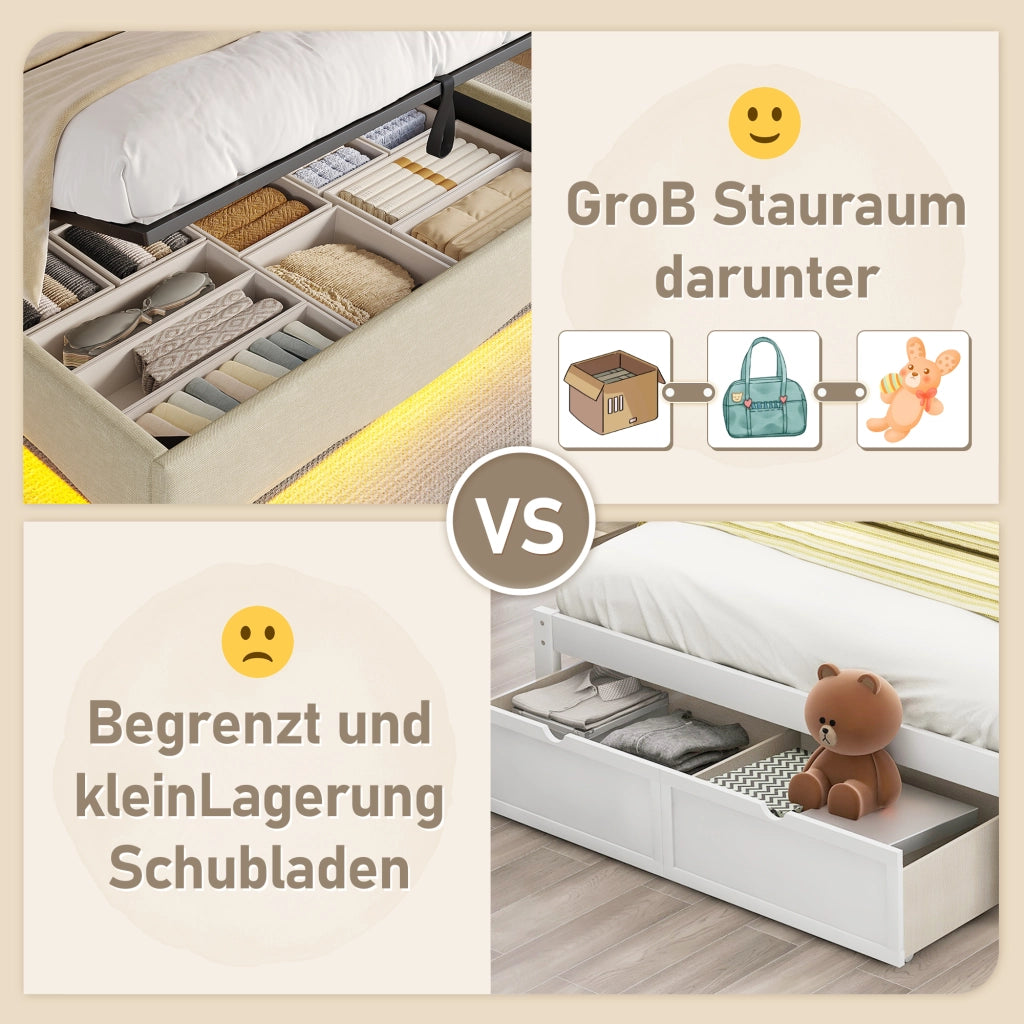 DESMIU Letto contenitore 140 × 200 cm 2 posti con LED regolabile, USB, USB-C e vano, senza materasso, beige