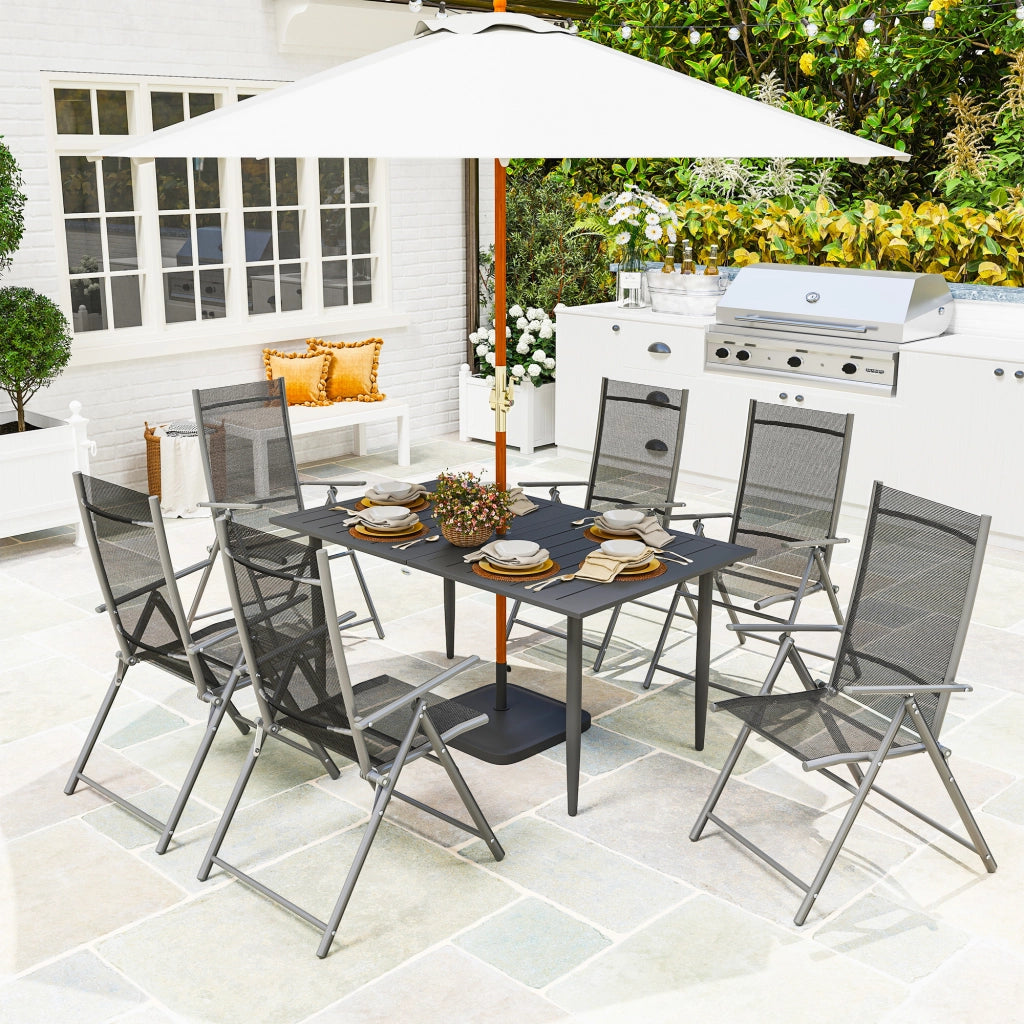 Tavolo da giardino 150x90cm ¨C Zephmum ¨C Tavolino da esterno in acciaio nero con foro per ombrellone