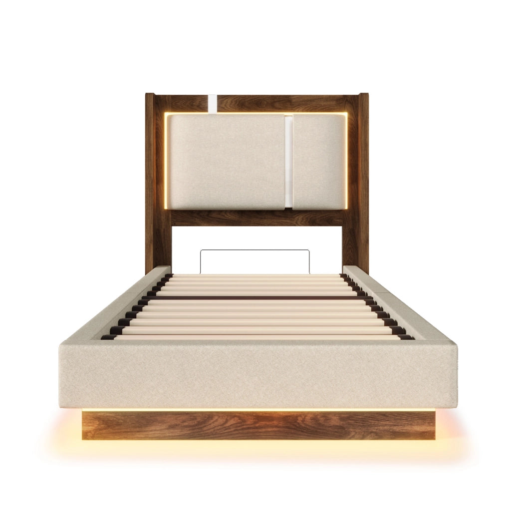 Letto imbottito 209x106x110 cm con LED e contenitore idraulico in lino; legno e metallo beige