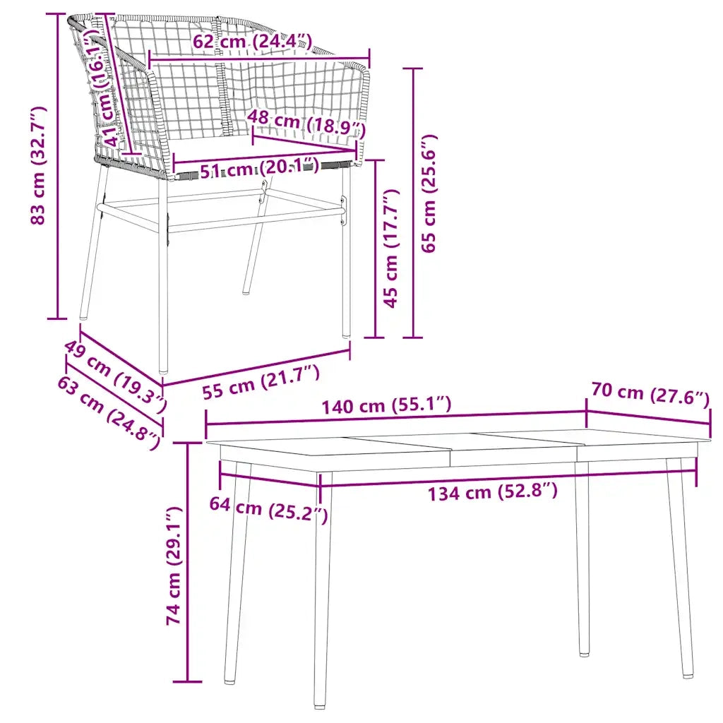 Set da Pranzo da Giardino 5pz con Cuscini Polyrattan Vetro