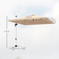 Ombrellone a Braccio Inclinabile con Base a Croce, in Poliestere, Alluminio e Metallo, 295x295x260 cm, Cachi