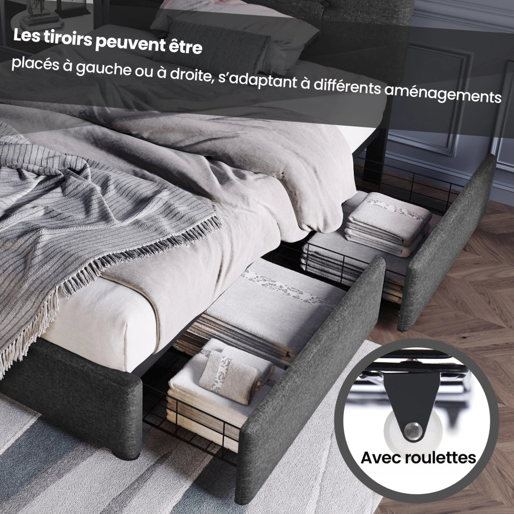 OKWISH Letto Singolo con 2 Cassetti, LED, Testiera Regolabile, 90×200 cm, senza Materasso, in Lino, Grigio