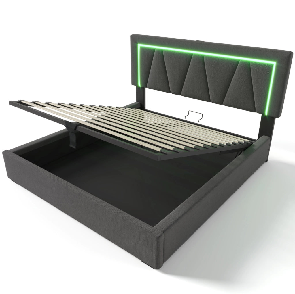 Letto imbottito 160x200 cm con LED; USB e Type-C; contenitore; materasso incluso; grigio