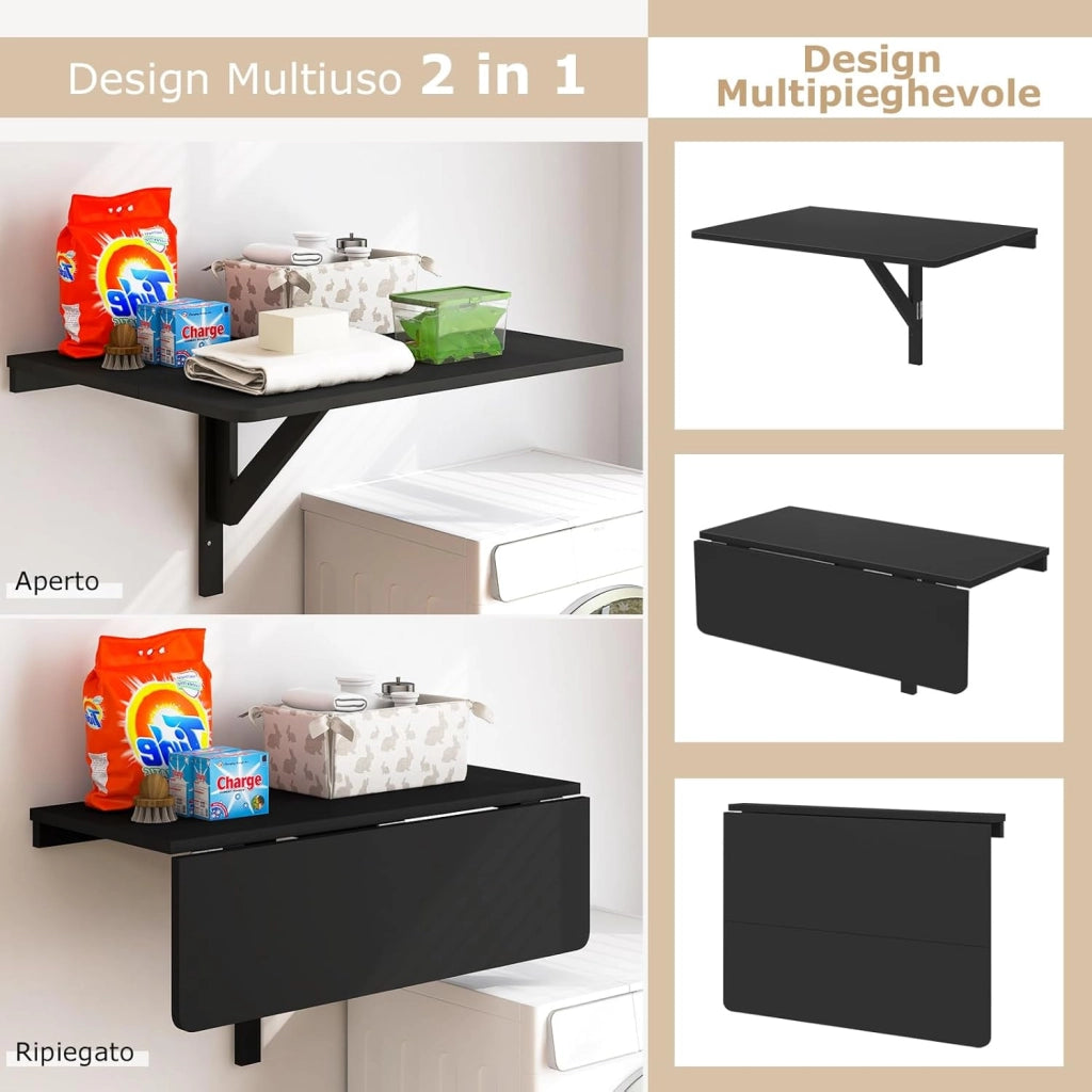 Tavolo Pieghevole a Muro, Tavolino Porta PC da Parete in Legno, Tavolo a Scomparsa Multifunzionale, Ideale per Soggiorno, Cucina e Studio, 80 x 60 x 45 cm (Nero)