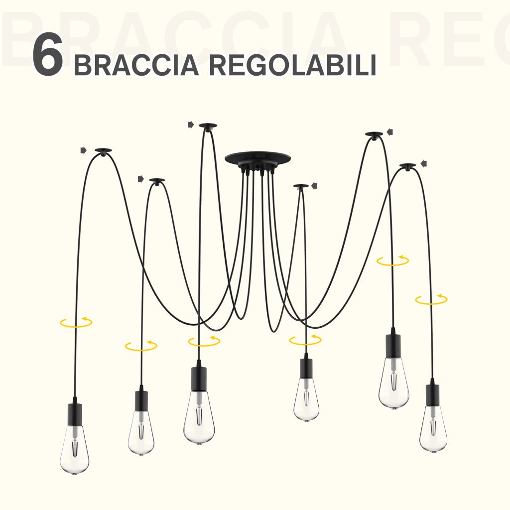 Easycomfort Lampadario Moderno a Sospensione Forma di Ragno, 6 Luci e Braccia Regolabili in Altezza, per Casa e Ufficio, Nero
