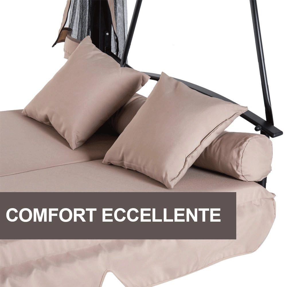 Dondolo Letto 3 Posti Con Gazebo Parasole Zanzariera Giardino Beige 257x174x235