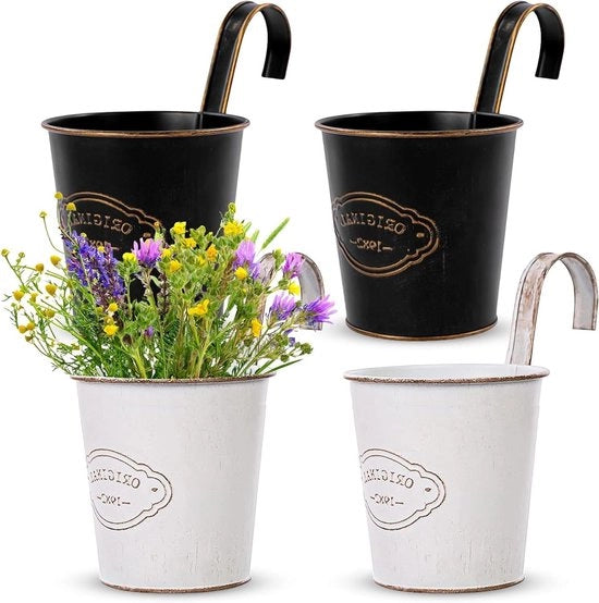 Set di vasi appesi - 4 pezzi | Vasi appesi in metallo vintage con ganci per balcone, cancello o muro