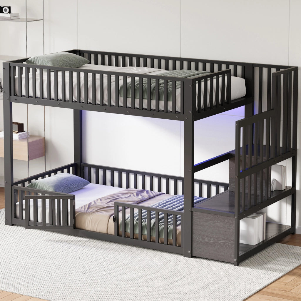 Letto a castello 90x200 cm con scala contenitore e LED, Nero
