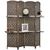 Paravento da 4 Pannelli 160 x 170 cm, Separatore di Ambienti con 2 Mensole, Pieghevole, in Legno, Marrone