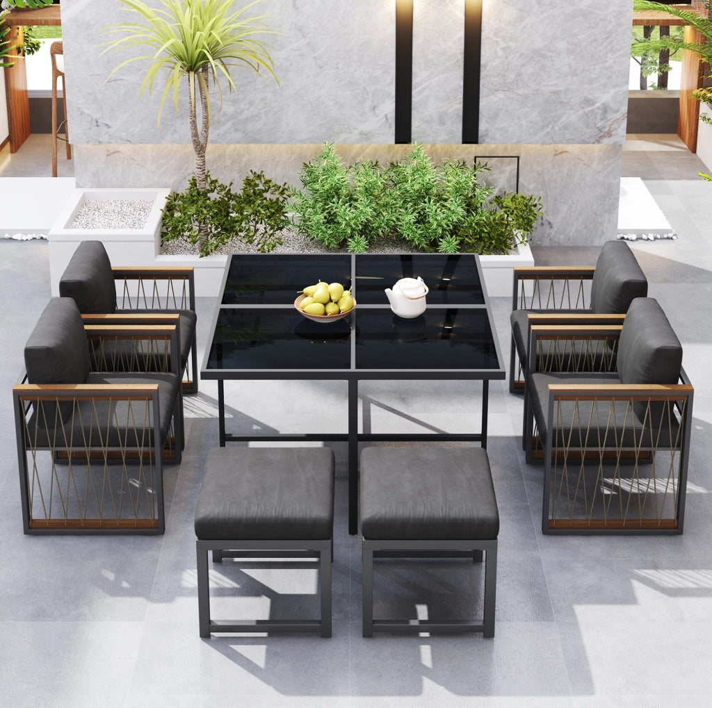 Set da pranzo da esterno 6 posti con tavolo 117x117 cm; vetro temperato nero; nero/naturale