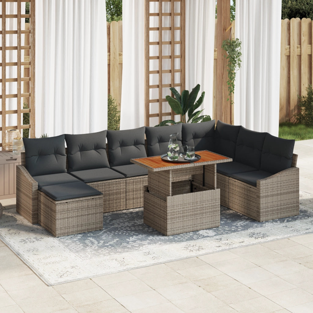 Set divano da giardino da 9 pezzi con cuscini grigio polyrattan