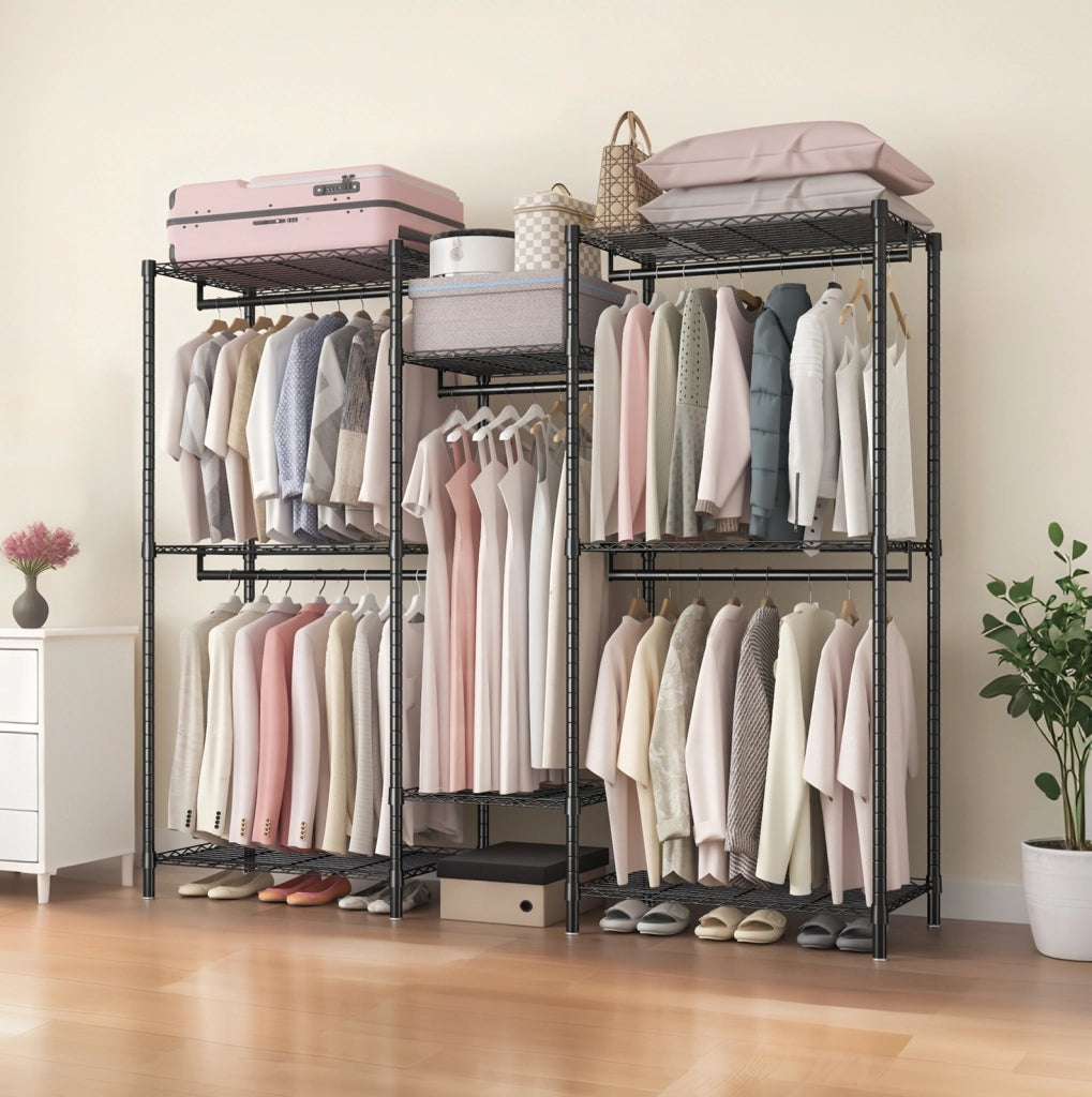Porta abiti freestanding nero in metallo con 8 ripiani a griglia e 5 aste appendiabiti