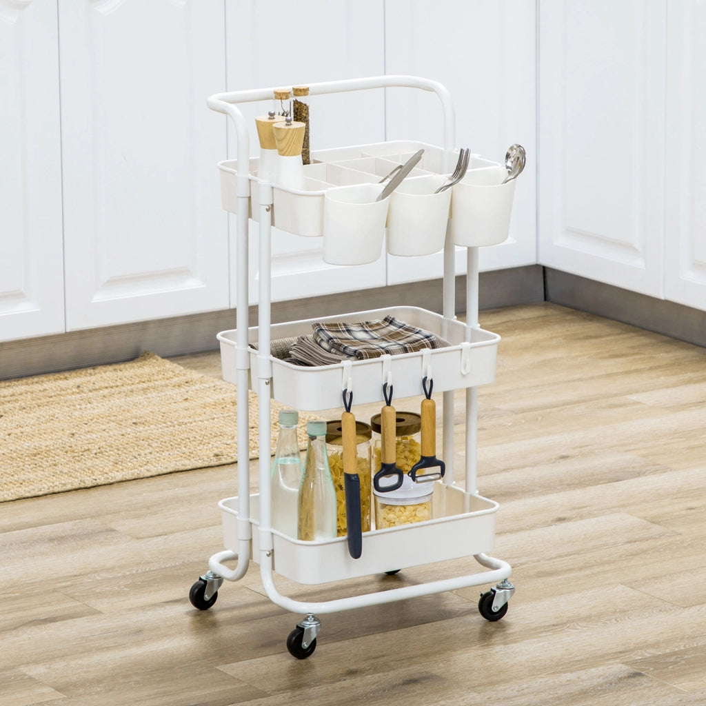Carrello da Cucina Multiuso a 3 Livelli con Cestini e Ganci Rimovibili Ripiano con 12 Divisori in Acciaio e ABS Bianco