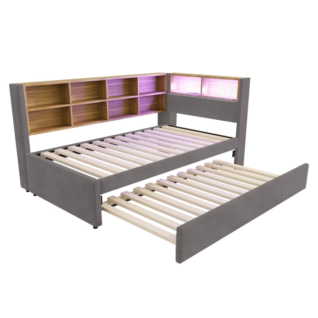 OKWISH Letto Divano Estraibile 90×200 cm, Letto 2 Posti con LED, USB, Tipo C e Prese, Scomparti, senza Materasso, Flanella, Grigio Scuro