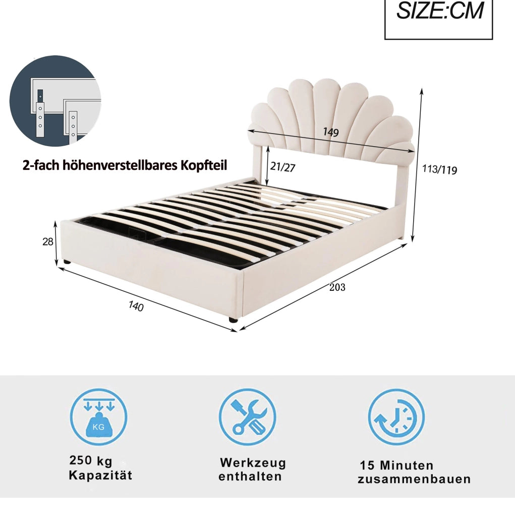 Letto matrimoniale imbottito 140x200 cm beige con vano contenitore idraulico