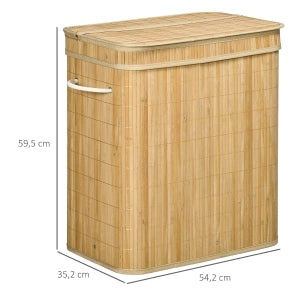 Cesto portabiancheria in bambù con coperchio, 2 scomparti e sacco interno rimovibile, 90 L, 54,2 x 35,2 x 59,5 cm