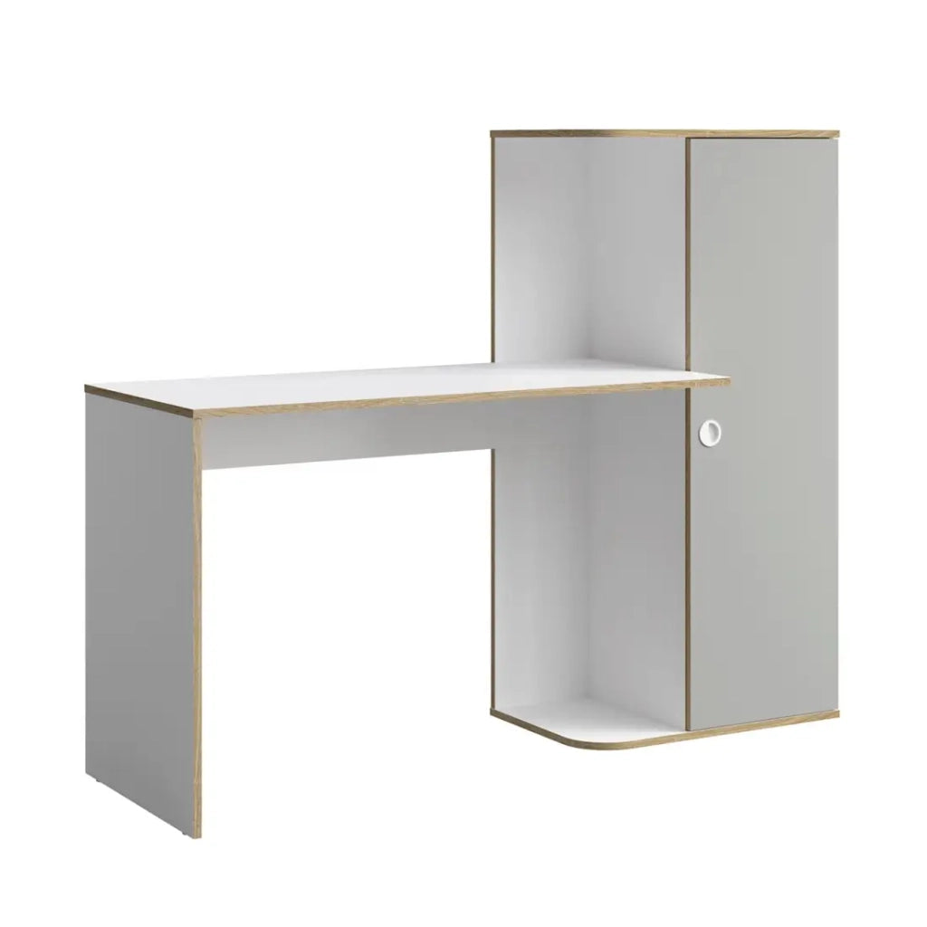 Scrivania per bambini ELYO – Con colonna di stoccaggio e 4 nicchie – Grigio, bianco & rovere chiaro – 160x129x53 cm