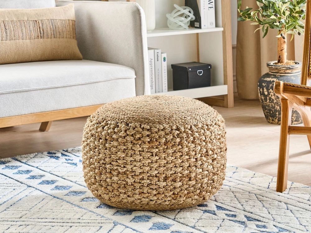 Pouf ottomano beige lavorato a maglia in iuta EPS riempimento perline rotondo piccolo poggiapiedi 50 x 35 cm stile Boho soggiorno