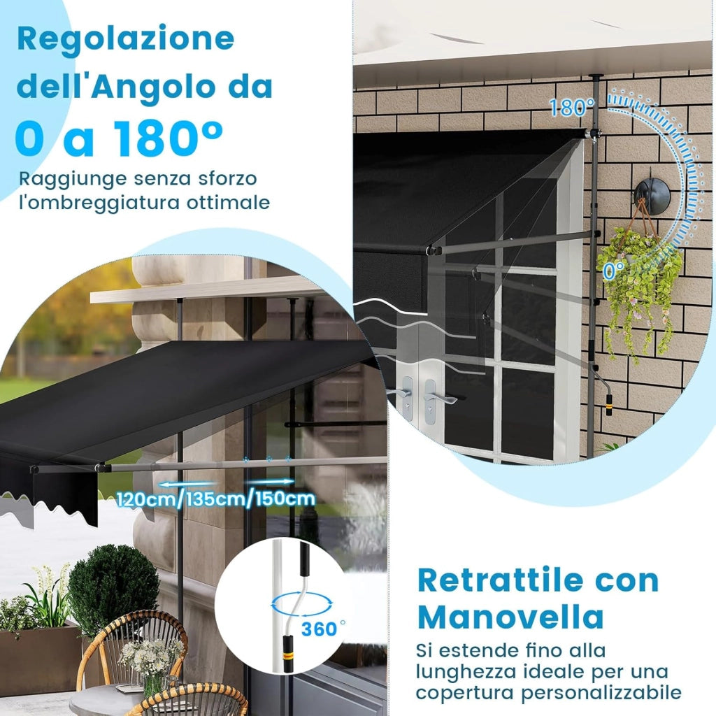 Tenda da Sole a Morsetto, Tenda per Balcone Senza Foratura Altezza e Inclinazione Regolabili con Manovella, Telo Impermeabile e Resistente ai Raggi Solari e Telaio Antiruggine (2,5M,Nero)